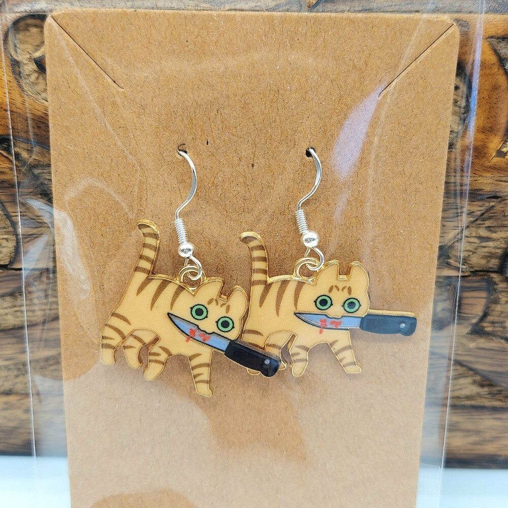 Naughty Cat Earrings Halloween Horror Tabby Kitty
